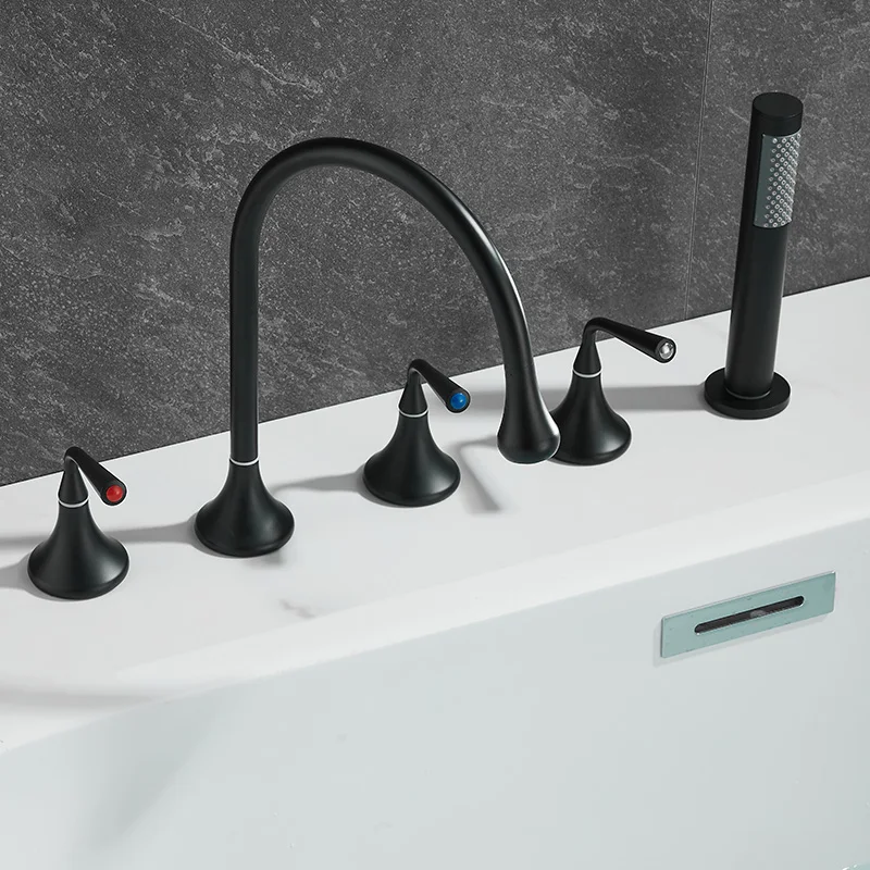 Brushed Gold ก๊อกน้ําอ่างอาบน้ําแพร่หลายอ่างอ่างล้างจานแตะทองเหลืองอ่างล้างหน้าก๊อกน้ําชุดฝักบัวอาบน้ําแบบใช้มือถือ 1