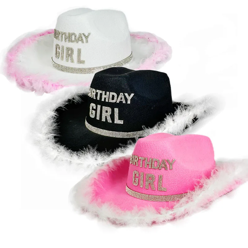Birthday Girls Pink Raw Edge Furry Cowboy Hat White black Birthday crown Party Top hats Cute festival stage performance caps