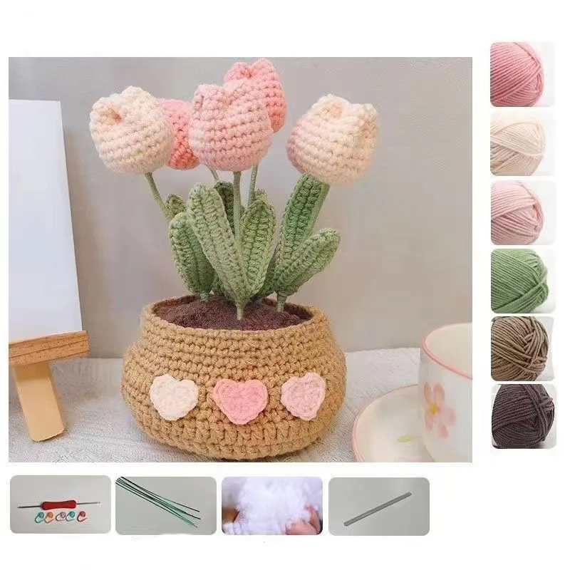 DIY Crochet Potted Flowers Kit Creative Elegant and Cute Various Flowers  Learn Crochet Skill for Improving Hands-on Ability