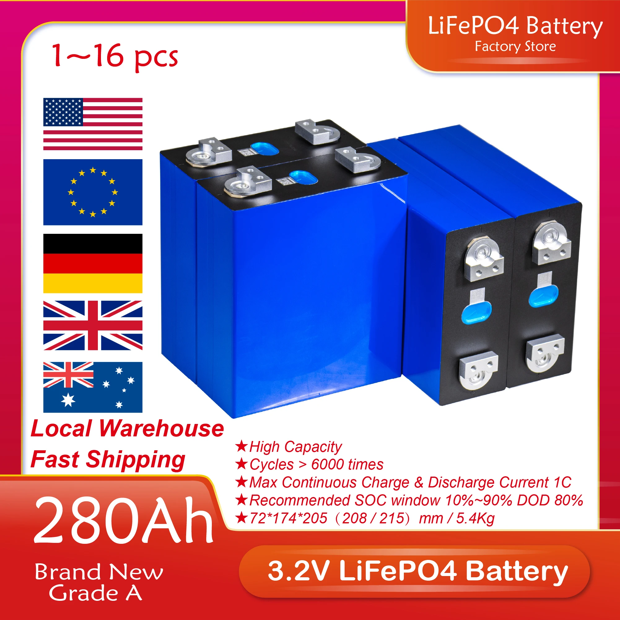 

1/4PCS 3.2V 280AH Lithium Iron Phosphate Battery LF280K Grade A Brand New DIY 12V 24V 48V Battery Pack For Solar Energy Storage
