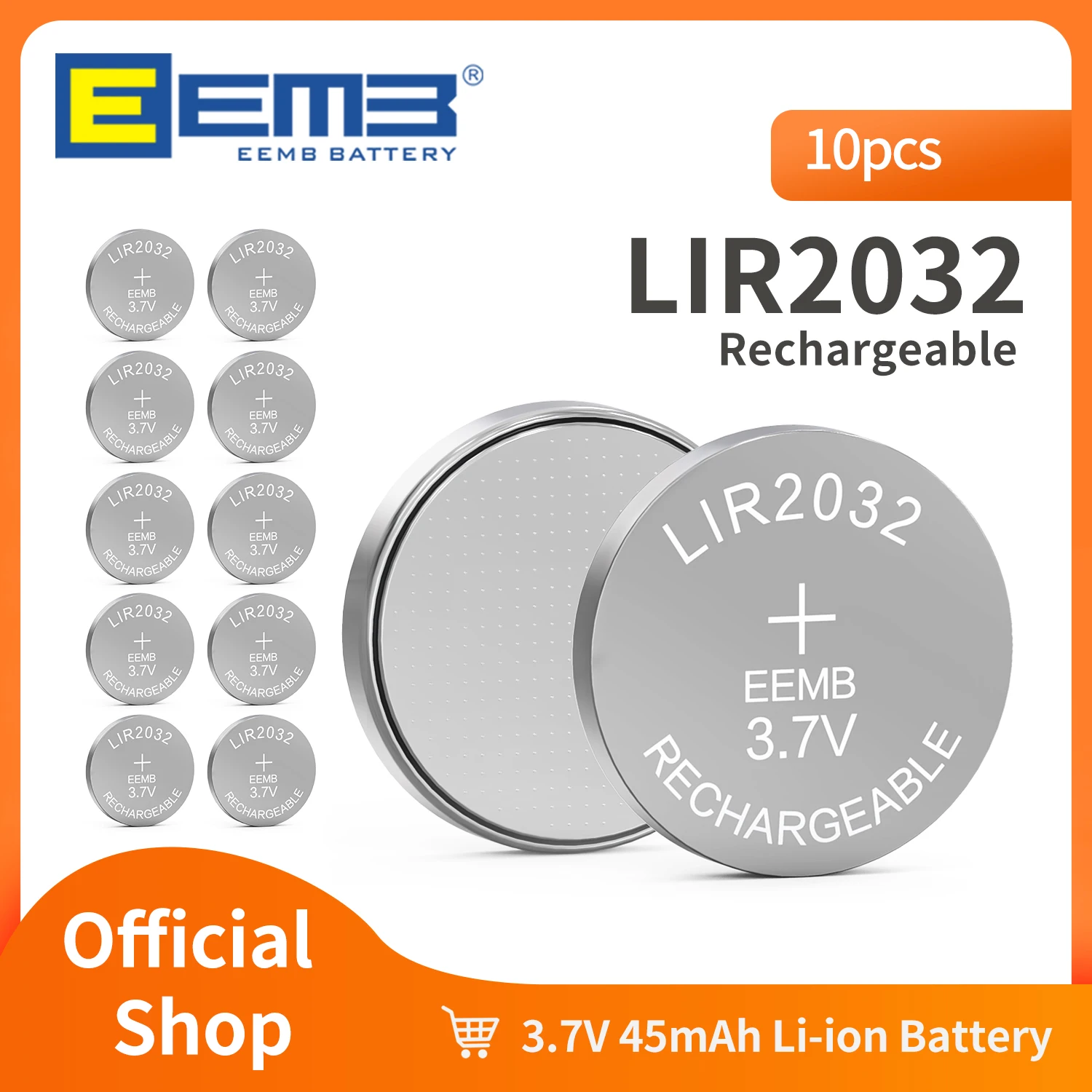 EEMB 10PCS LIR2032 Button Battery 2032 3.7V Rechargeable Battery 45mAh