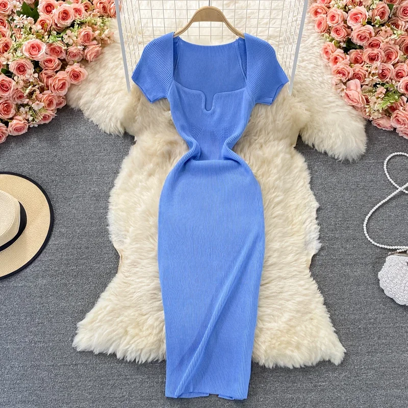

Tight Square Neck Knitted Dress with Short Sleeves Summer Sexy Buttocks Wrapped Long Dress
