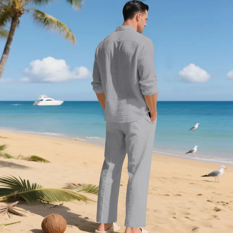 Men's Autumn Loose Trend Linen Solid Color Simple Lapel Long-Sleeved Shirt Beach Trousers Set
