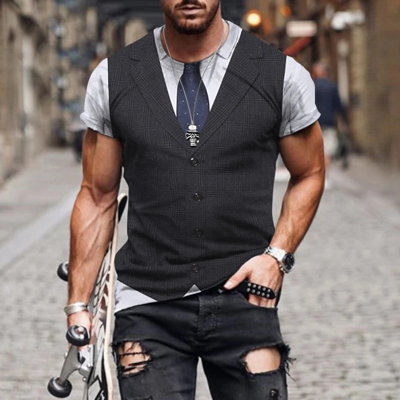 Men Fake Suit Vest Design Casual Street Sports Short Sleeve Tshirt