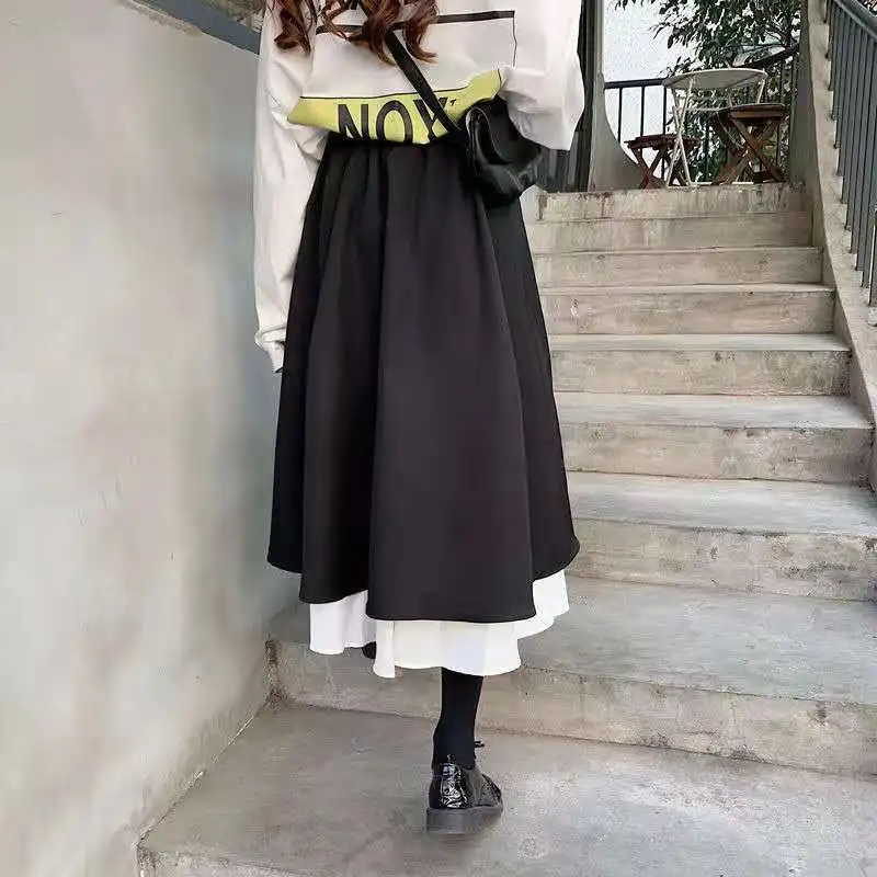 black leather skirt Korean Half Length Skirt Women's 2021 Spring Autumn High Waist Retro Short Skirt Academy Style Black and White A-line Long Skirt black skirt