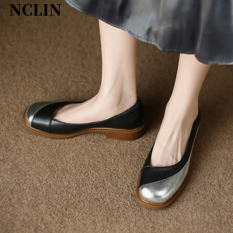 

2024 Spring/Summer New Women Shoes Chunky Heels Round Toe Shoes For Women Genuine Leather High Heels Loafers Zapatos De Mujer