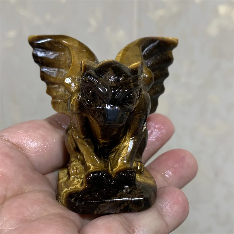 Natural Tiger Eye Stone Crystal Intagliato Cartoon Gargoyle Carving Healing Gemstone Carving Reiki Home Decor Gift