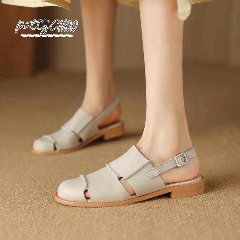 Soft Leather Greek Sandals Woman Retro Round Closed Toe Slingback Shoes Ladies Summer Cut-Out Buckle Strap Flat Zapatos