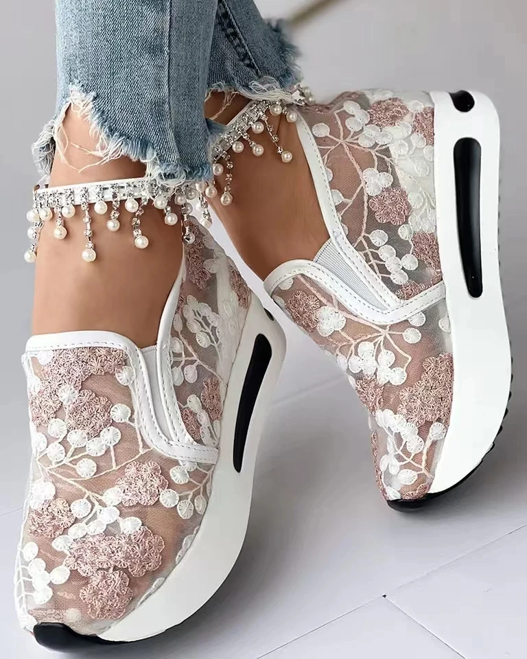 Women's Floral Embroidery Mesh Slip on Sneakers Comfy Heeled Shoes,women shoes