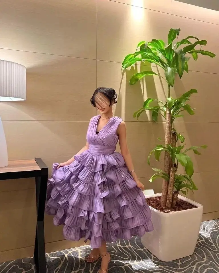 

Noble Purple V Neckline Prom Dress Sleeveless With Ruffle Ankle-Length Evening Summer Elegant Party Dress For Women2023