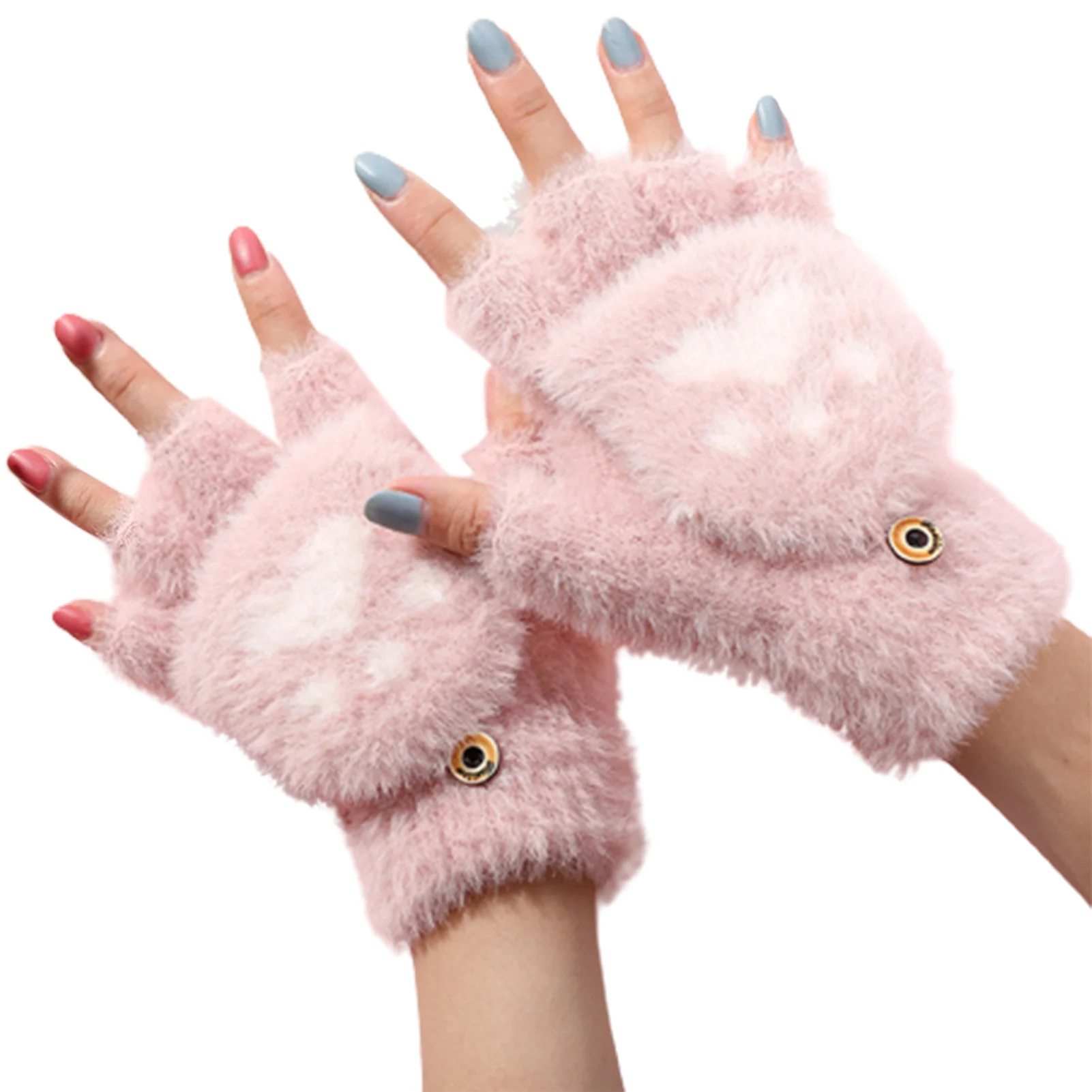 

Plush Kawaii Cat Paw Gloves Thermal Insulation Warm Convertible Fingerless Gloves for Cold Weather Winter
