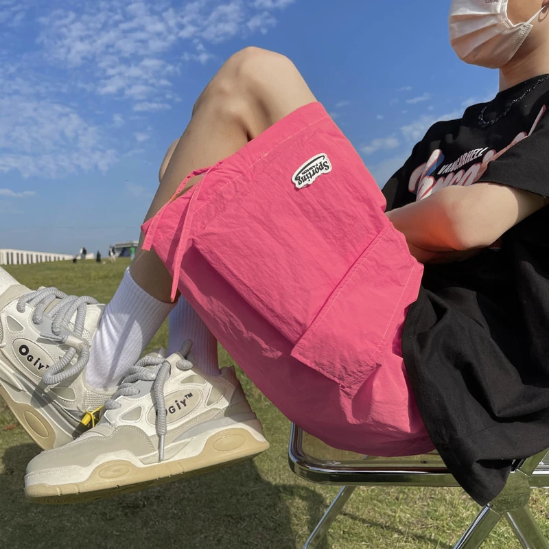 Korean Summer Men's Solid Elastic High Waisted Drawstring Pockets Loose Straight Thin Quick Drying Beach Casual Wide Leg Pants