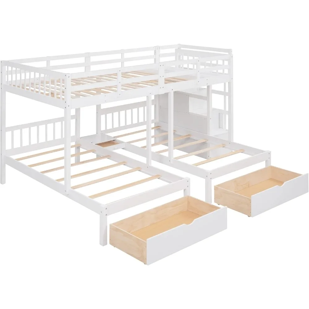 Triple Bunk Beds with Drawers, Wood Full Over Twin & Twin Bunk Bed with Storage Staircase, Triple Bed for Kids,3 Bed Bunk Beds 6