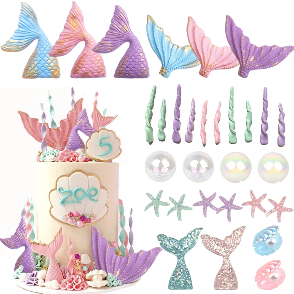 Mermail Cake Decoration Pink Purple Mermaid Tails Bubbles Shells