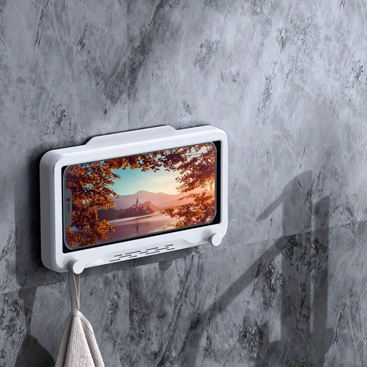 New 1pc Waterproof Bathroom Mobile Phone Box, Anti-Fog Touch Screen, Shower Accessories, Wall Mount Phone Holder, For Shower