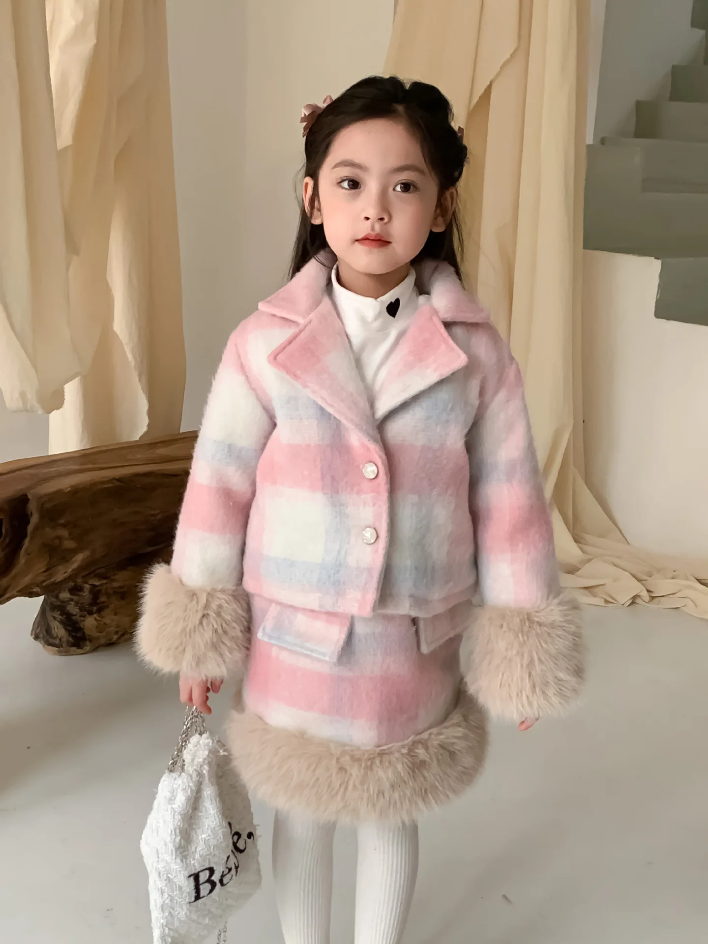 

Girl Clothes Suit 2023 Autumn and Winter New Fashion Korean Style Winter Plaid Coat and Skirt Set for Girls Girl Winter Clothes