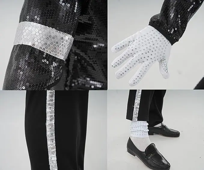 MJ Michael Jackson Coat Billie Jean Jacket & Glove Modern Dance Cosplay Costume  Adult & Kids Sequins Performance Costume Set