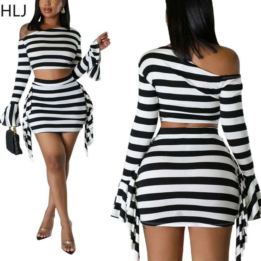 HLJ Fashion Stripe Print Tassels Mini Skirts Two Piece Sets Women Off Shoulder Long Sleeve Crop Top And Skirt Outfits Streetwear