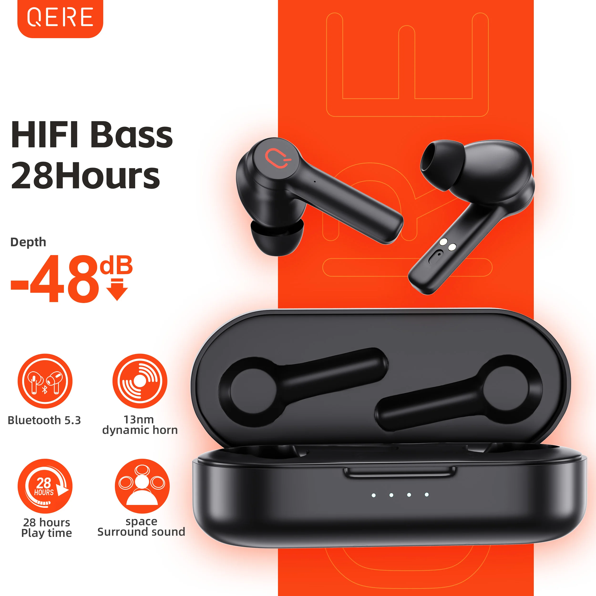 QERE E20 Fones De Ouvido Sem Fio, TWS Bluetooth 5.3, Microfone HD, Fones De Ouvido HIFI, 13mm Driver,68Ms Baixa Latência, 4 Microfones, ENC Chamada, Novo