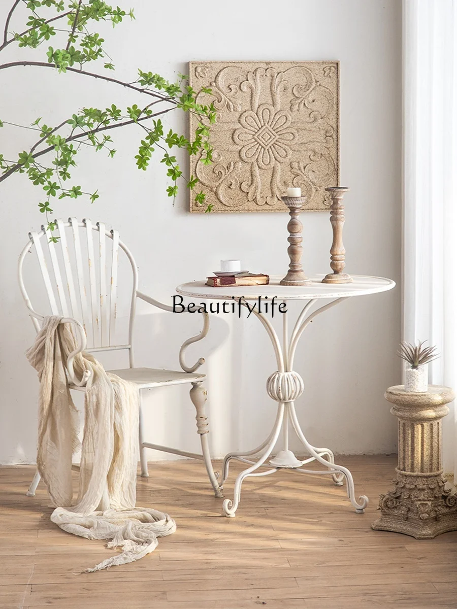 

French Retro White Iron Dining Chair Coffee Shop Small round Table