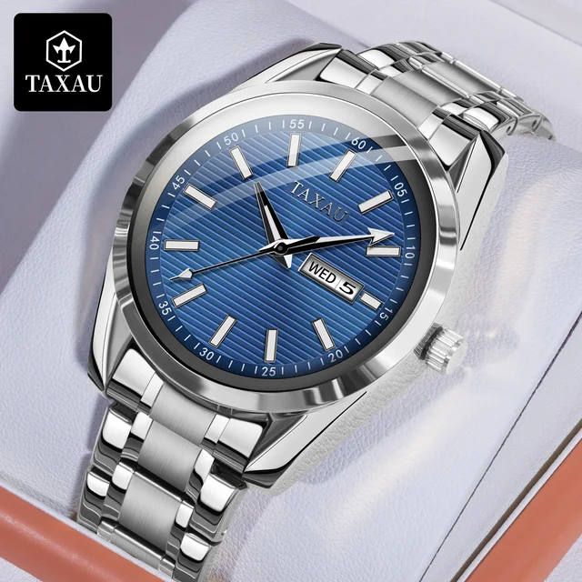TAXAU-Relógio de pulso masculino impermeável em aço inoxidável, Relógio de negócios masculino, Data da semana Relógios, Alta qualidade, Luxo