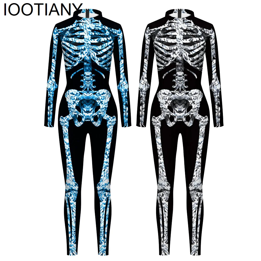 

IOOTIANY Crystal Body Skeleton 3D Print Sexy Bodysuits Cosplay Jumpsuit Adults Onesie Hallowmas Long Sleeve Outfits