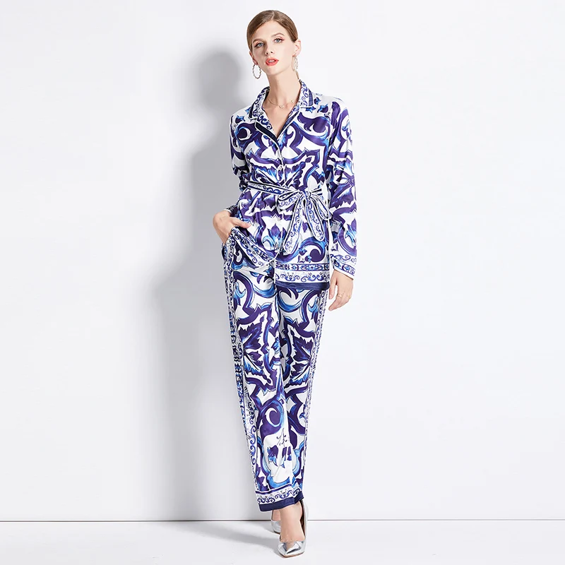 New Autumn Red Blue And White Porcelain Print Trousers Suit Women's Belt Notched Blouse Top + Wide Leg Pants Set Outfits N8730