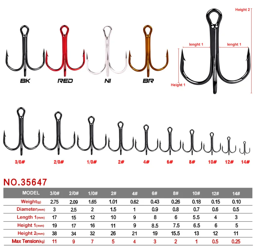 Treble Fishing Hooks Mix Size, 10 Pcs Treble Fishing Hook