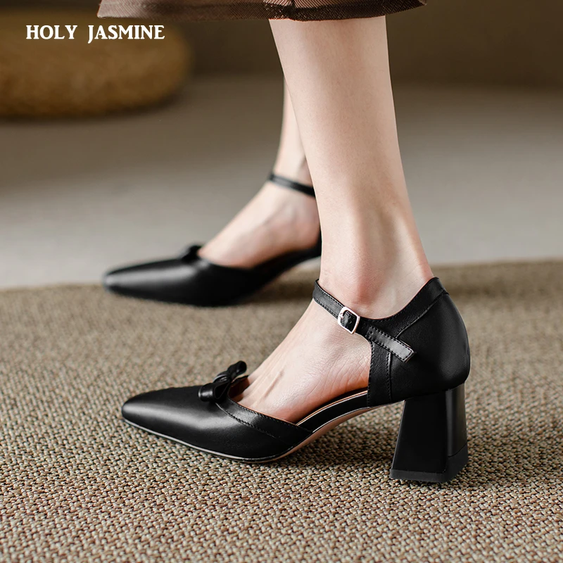 

2023 New Genuine Leather Women Sandals Fashion Square Toe Thin Heels Ankle-Wrap Shoes Woman Spring Summer Party Office Pumps