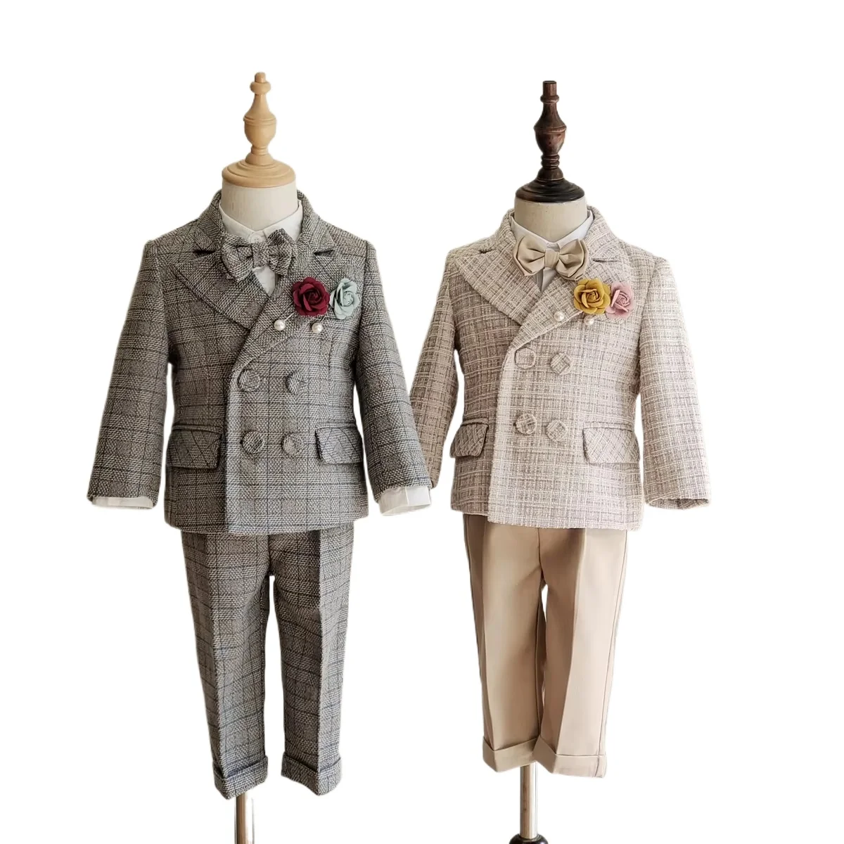 Formal Boys Suit Baby First Birthday New Year Party Wedding Suit Clothes Set Autumn Winter Thick Blazer Strap Pants Kids Dress