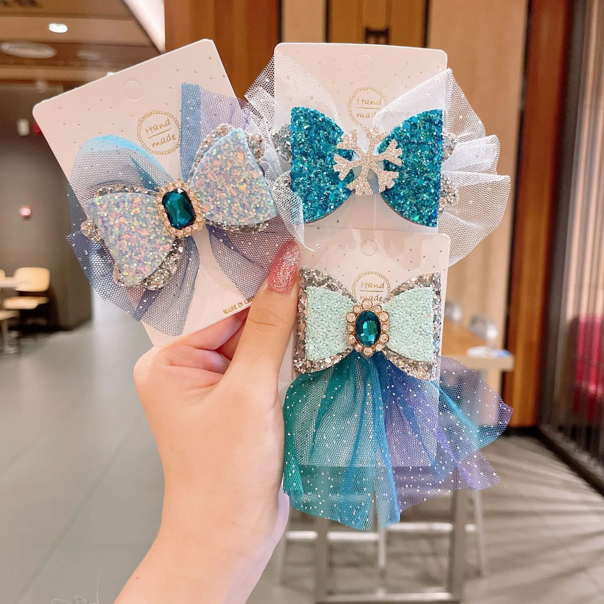 New Korean Style Princess Girls Hair Clips Cartoon Snowflake Bow Paillette Mesh Ribbon Hairpins for Children Accessories