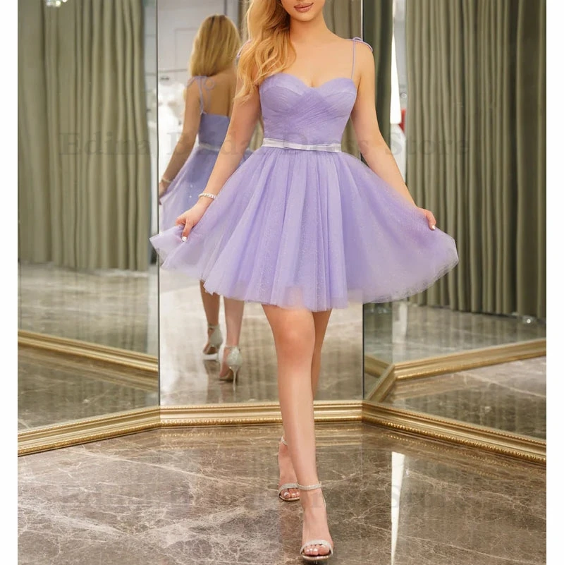 Purple Dresses For Teens Round Neckline Knee Length Purple Tulle Homecoming  Dresses, Short