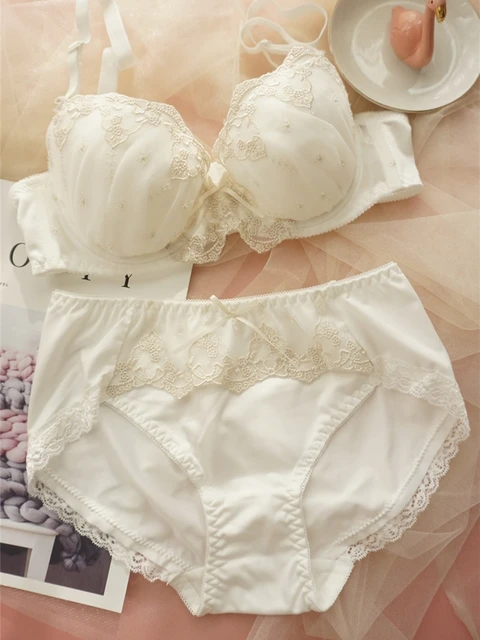 Sweet and Cute Lingerie Porno Lolita Princess Style Lace Bralette No Rims Gather Girls Bra Set Chiffon Bow Underwear Panties