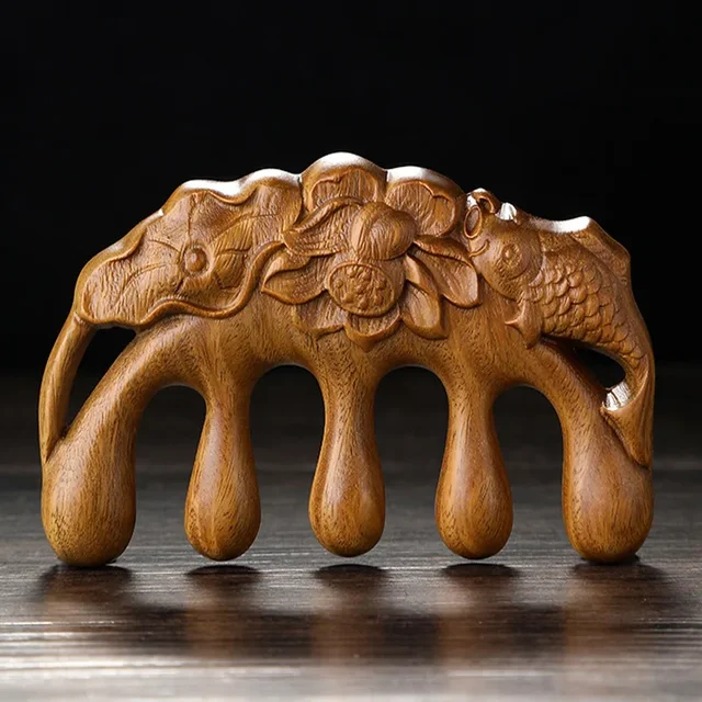 Golden Sandalwood Massage Wooden Comb Head Meridian Comb Health Care Massager Tool Lotus Leaf Fish Massage Comb Head Therapy