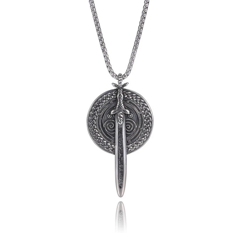 Vintage Nordic Rune Viking Warrior Sword Shield Ciondolo Collana Charm Collana Da Uomo Amuleto Accessori Gioielli Hip Hop Punk