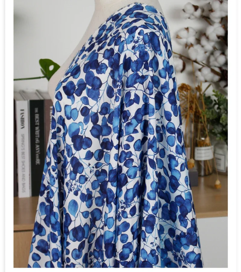 

Mulberry Silk Crepe De Chine Fabric Summer Fashion White Background Blue Leaf Print Women's for Dress Clothing Cloth by Meter