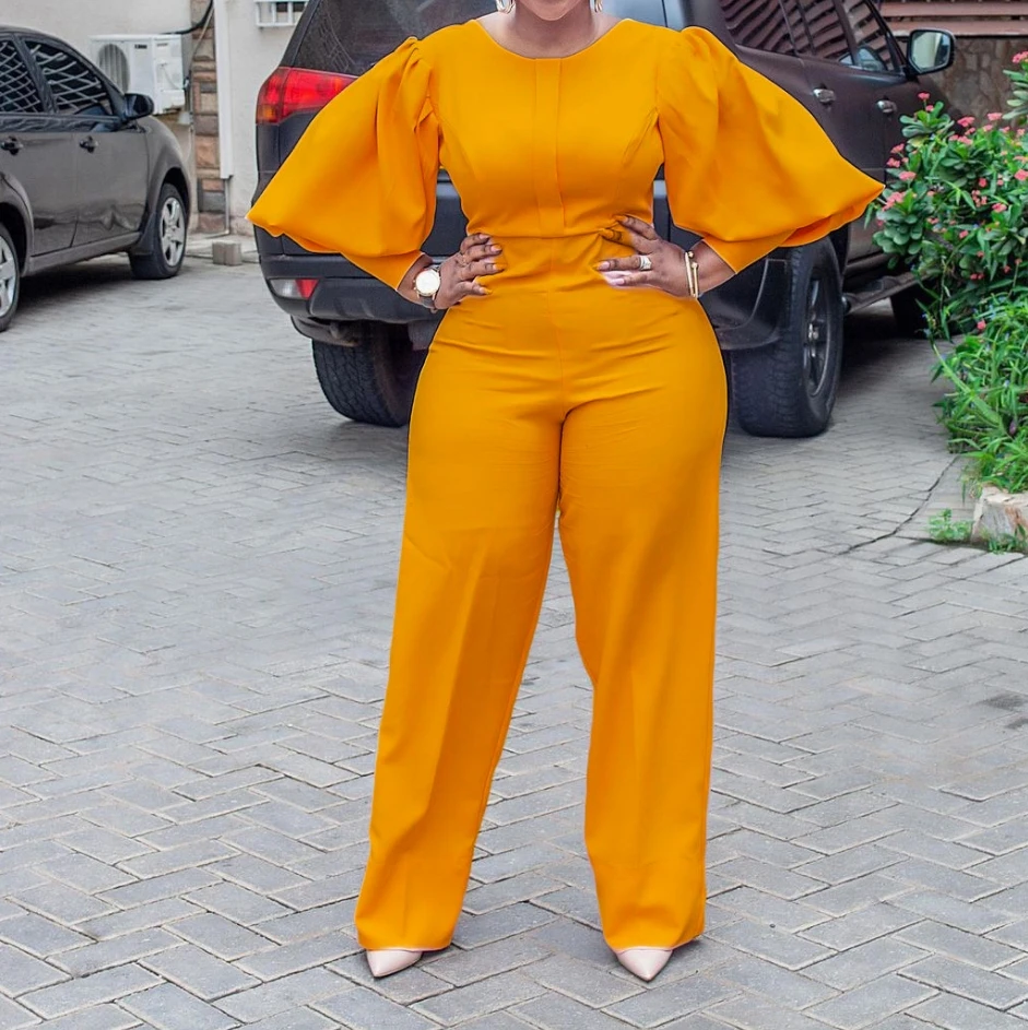 Women's Plus Size Bodysuit 2024 New O Neck Bubble Slim Fit Solid Color Sleeves Oversized Wide Leg High Waist Long Jumpsuit