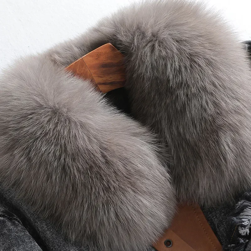 Fashion Korean Raccoon Fur Coats and Jackets Womens Clothing Autumn and Winter Fur Coat Denim Coat Fox Fur Collar Jackets Zm1121