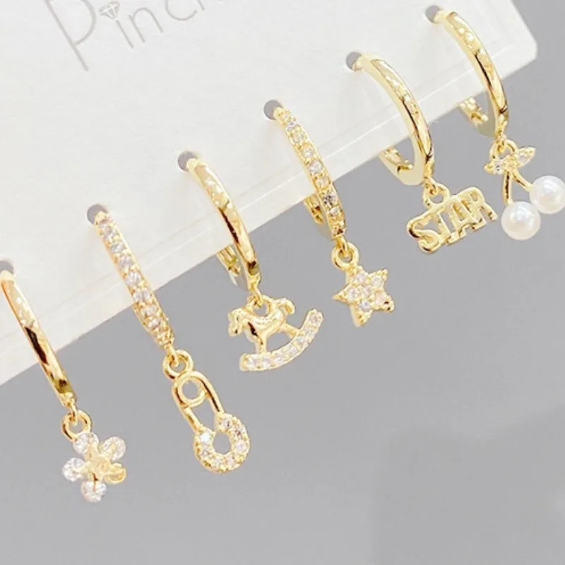 6Pcs/set Elegant Petal Pearl CZ Earring Sets for Women Golden Statement Hoop Earrings Fashion Jewelry Gifts Wholesale
