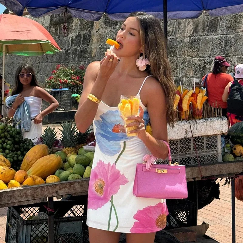Sexy Mini Dress Women Summer New White Fashion O-Neck Streetwear Print Sleeveless Dress Strap Backless Casual Slim Elegant Dress 1