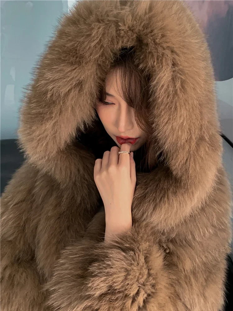 

Double-sided Woven Fox Fur Coat Women's Clothing Fashion Hooded Long Young Knitted Thick Warm Fur Casual Jackets Autumn/Winter