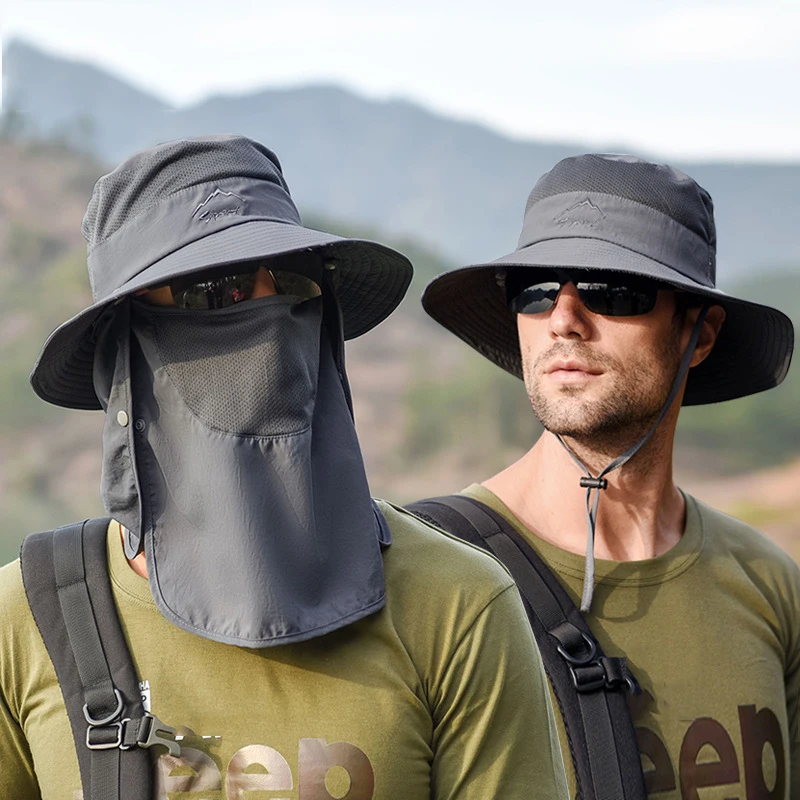 Sıcak Satış Erkekler Geniş Büyük Kenarlı Güneş Yaz Açık Hava Balıkçılık Yürüyüş Kova Şapka Erkek UV Boyun Koruması Şal Vizör Şapka_voghion.com