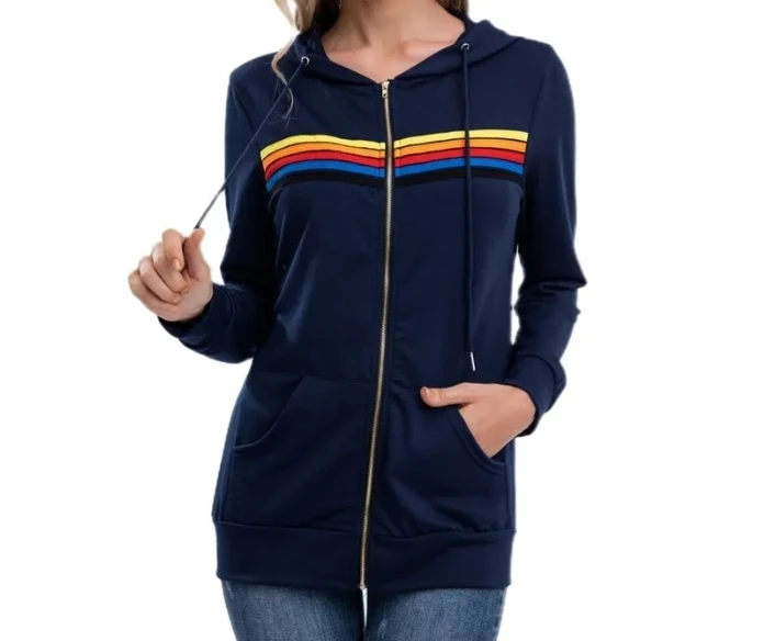 Felpa oversize con zip da donna design a righe arcobaleno casual_voghion.com
