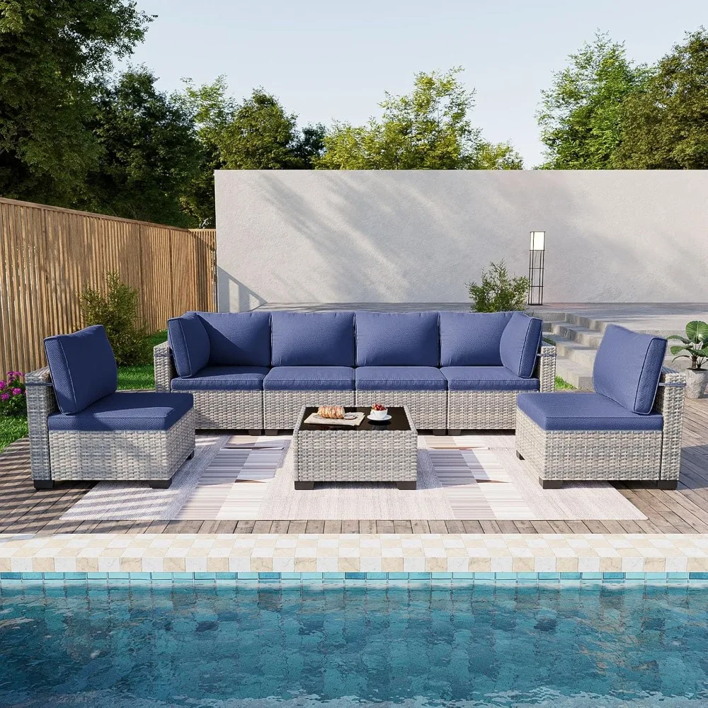 Modular Outdoor Sectional Wicker Patio Conversation Set w/ 2 Pillows, Coffee Table, Cover, Garden Sofas 2
