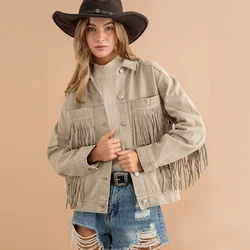 Casual Women's Denim Jacket Tassel Streetwear Vintage Washed Long Sleeve Outerwear Korean Fringe White Loose Coat