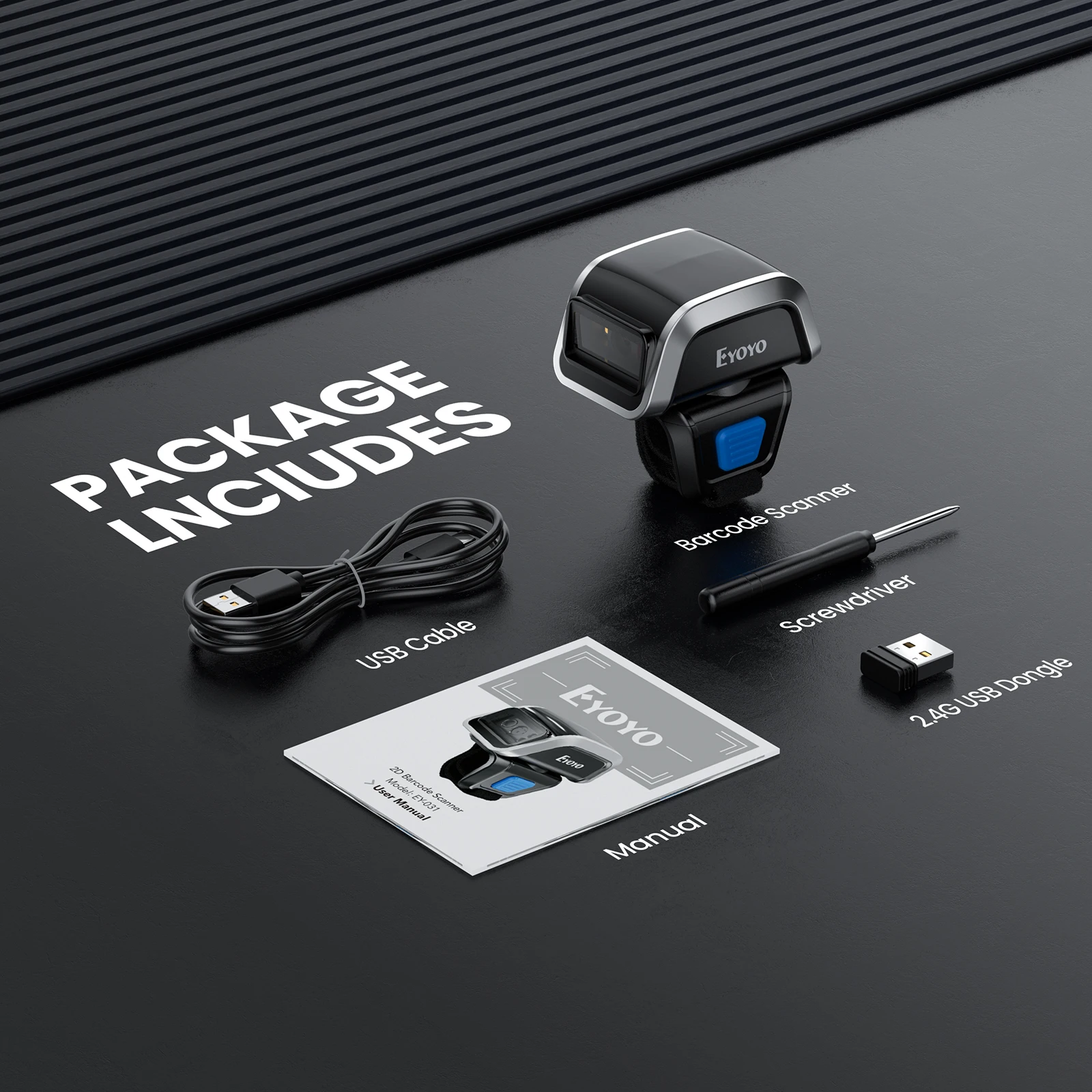 Eyoyo 2D 웨어러블 링 바코드 스캐너, 미니 휴대용 3-in-1 USB 유선 2.4G 무선 블루투스 핑거 스캐너, 1D QR 코드 리더