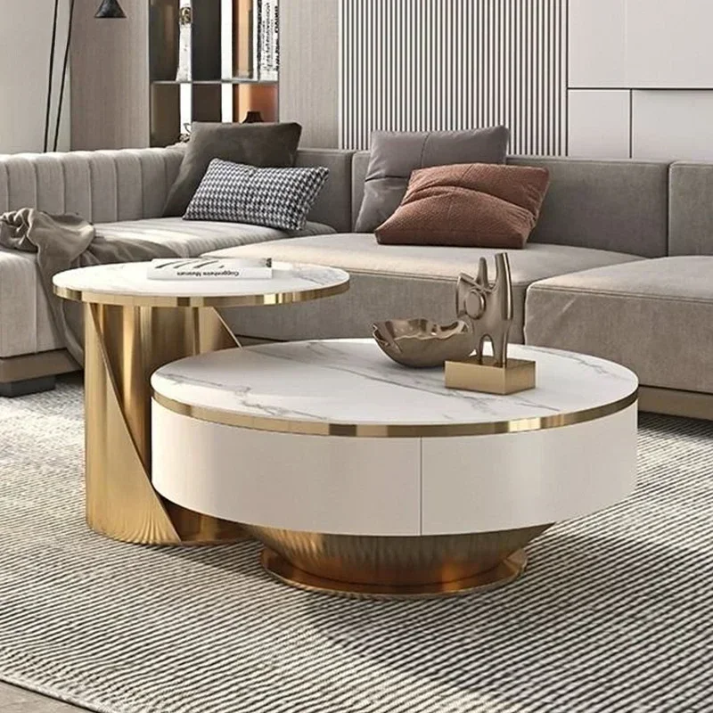 2pcs Modern Gold White Round Marble Slab Coffee Table Set Wooden Furniture Luxury Center Table For The Living Room