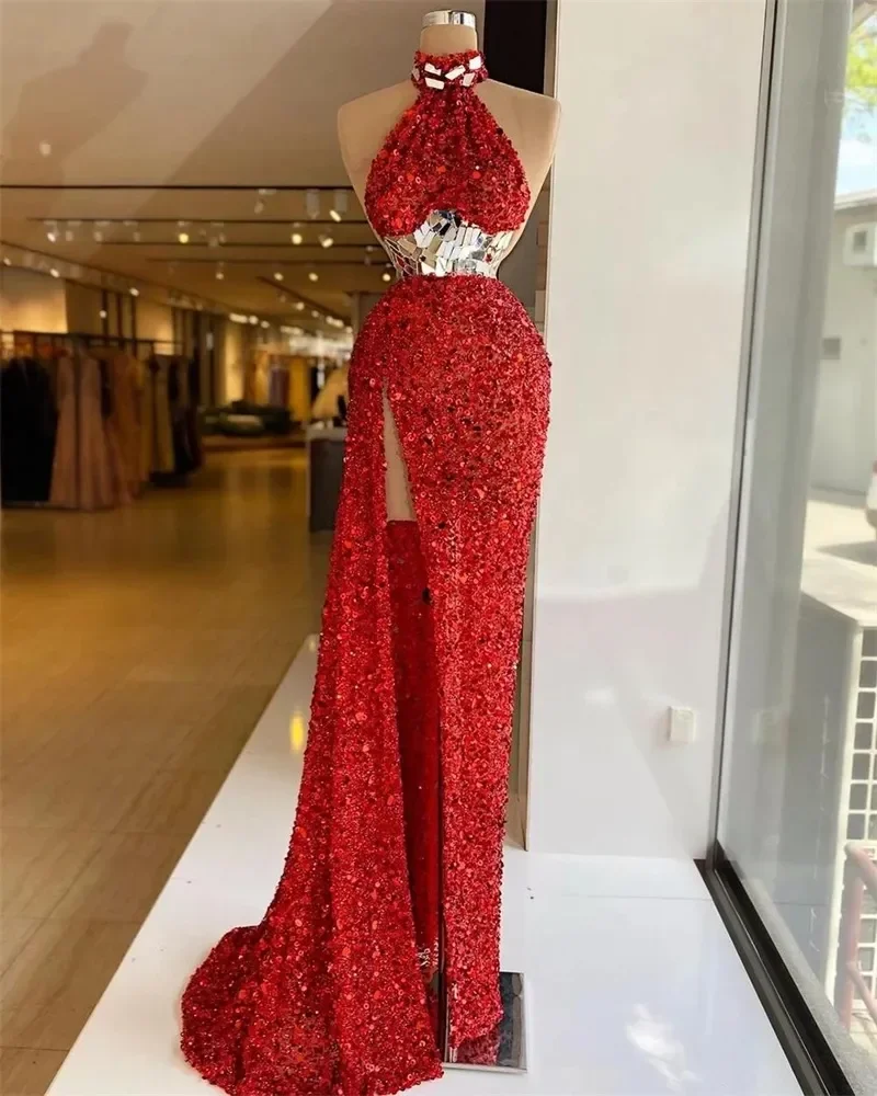 

Red Sequined Mermaid Prom Dresses Long Women's Birthday Party Dress High Slit Crystals Formal Evening Gowns vestidos de fiesta