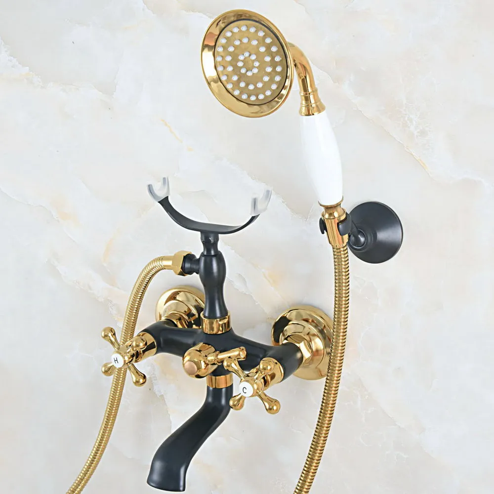 

Смеситель для ванной комнаты с 2 ручками, ручной смеситель для душа 2 na523, черное масло и золото, латунь, настенное крепление, 1,5 м