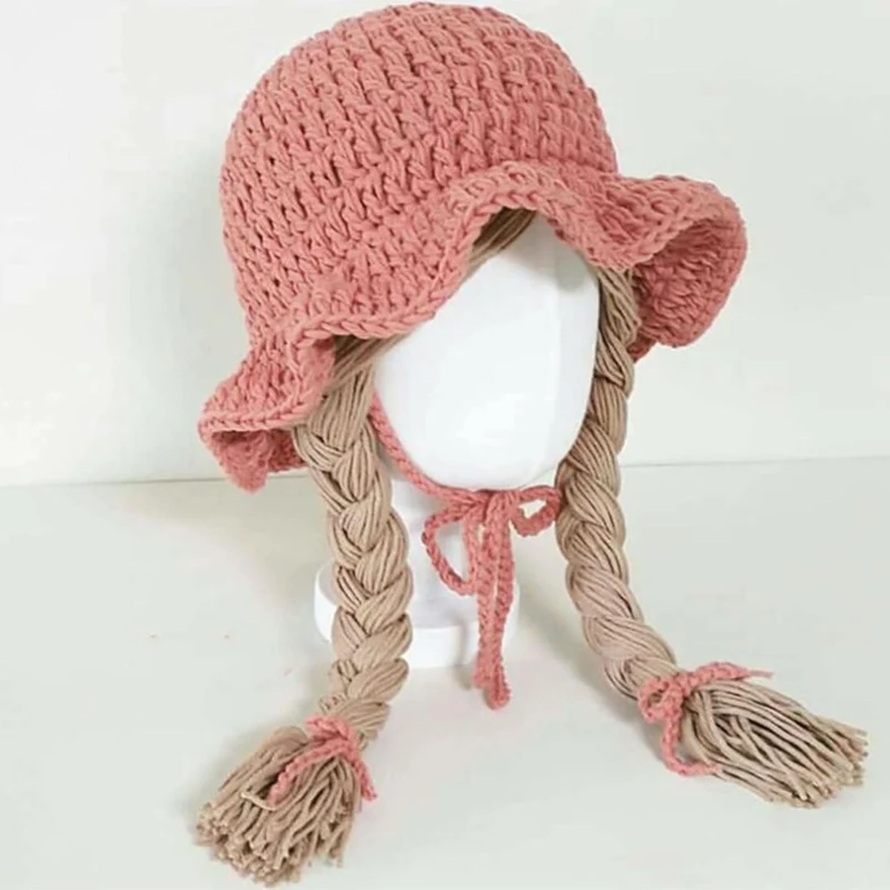 2-4 Years Old Children Girls Fashion Knitted Hat Cute Wig Big Braid Baby Girls Winter Thermal Princess Hats 6